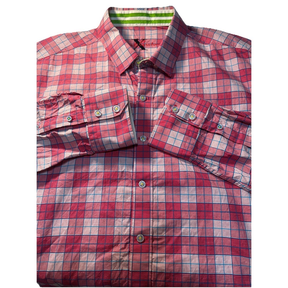 Robert Graham Dress Shirt Mens X-Large Red Plaid Contrast Flip Cuffs Patriotic